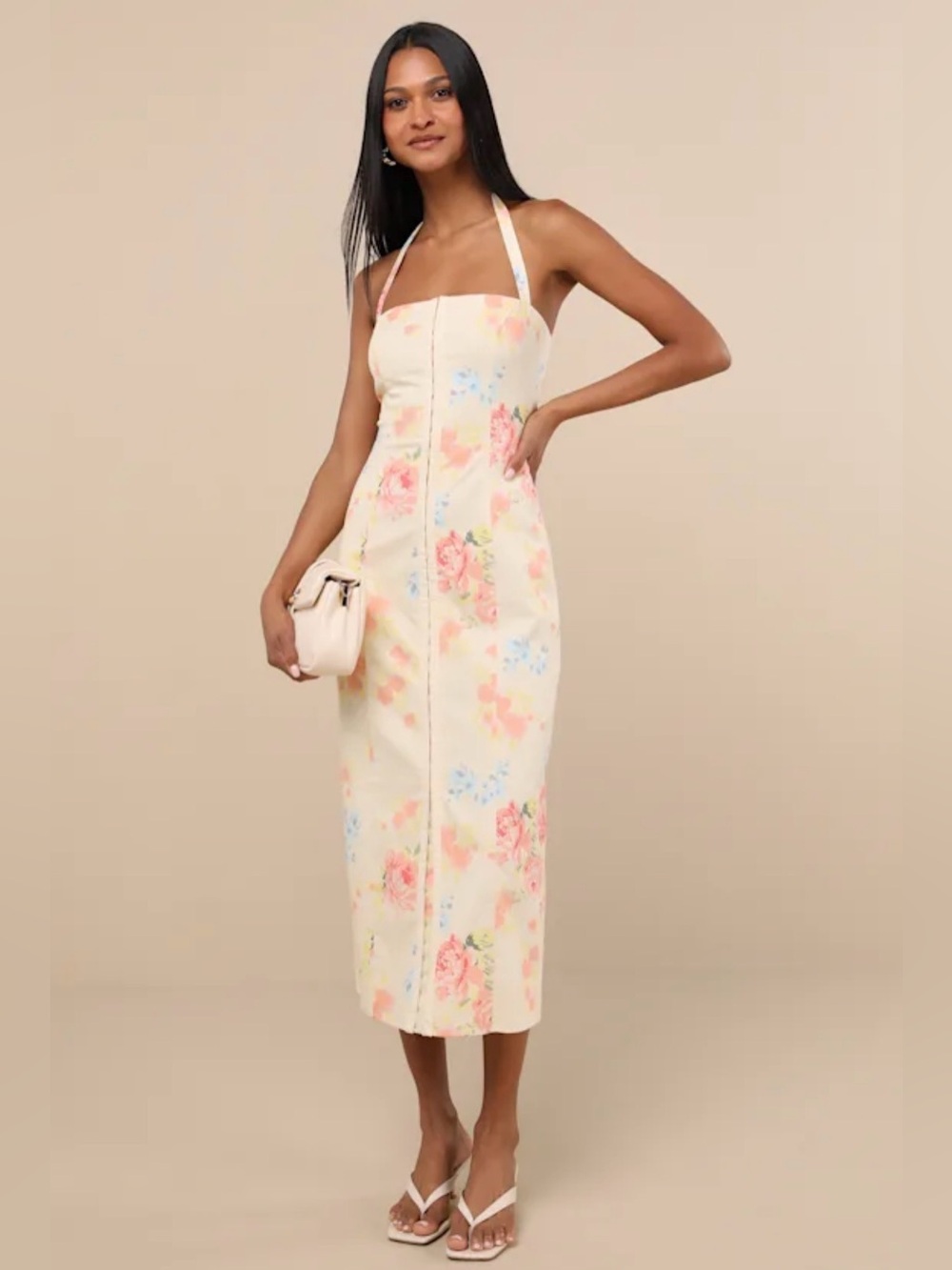 Lulu's Cream Floral Halter Midi Dress